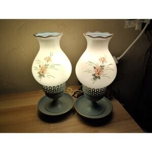 Pair Of Vintage White Milk Glass Pink Roses Hurricane Lamps Working Matching Set